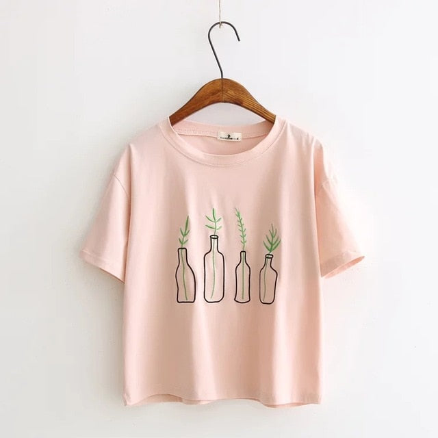 Bottle Plants Embroidery Tee - Trendy Bee Boutique