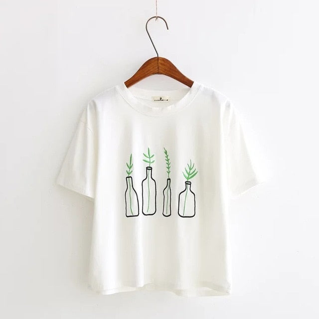 Bottle Plants Embroidery Tee - Trendy Bee Boutique