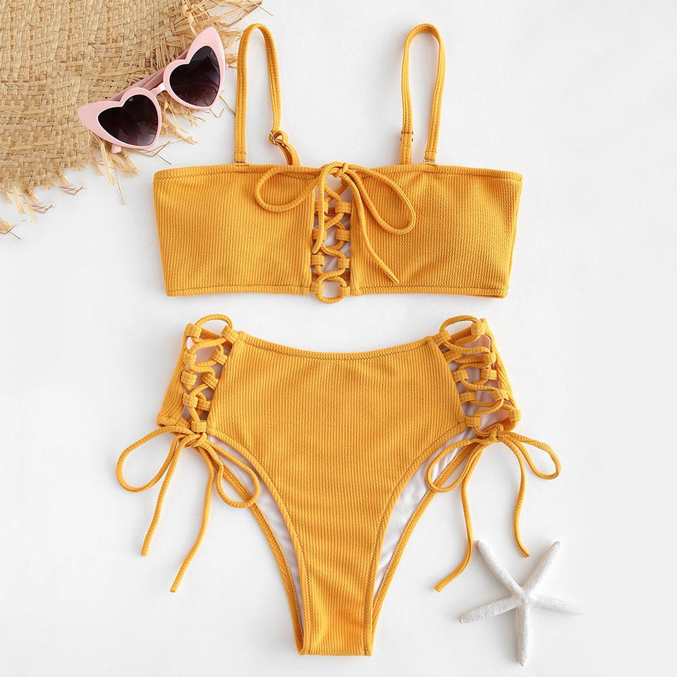 Lace Up High Waisted Bikini Set - Trendy Bee Boutique
