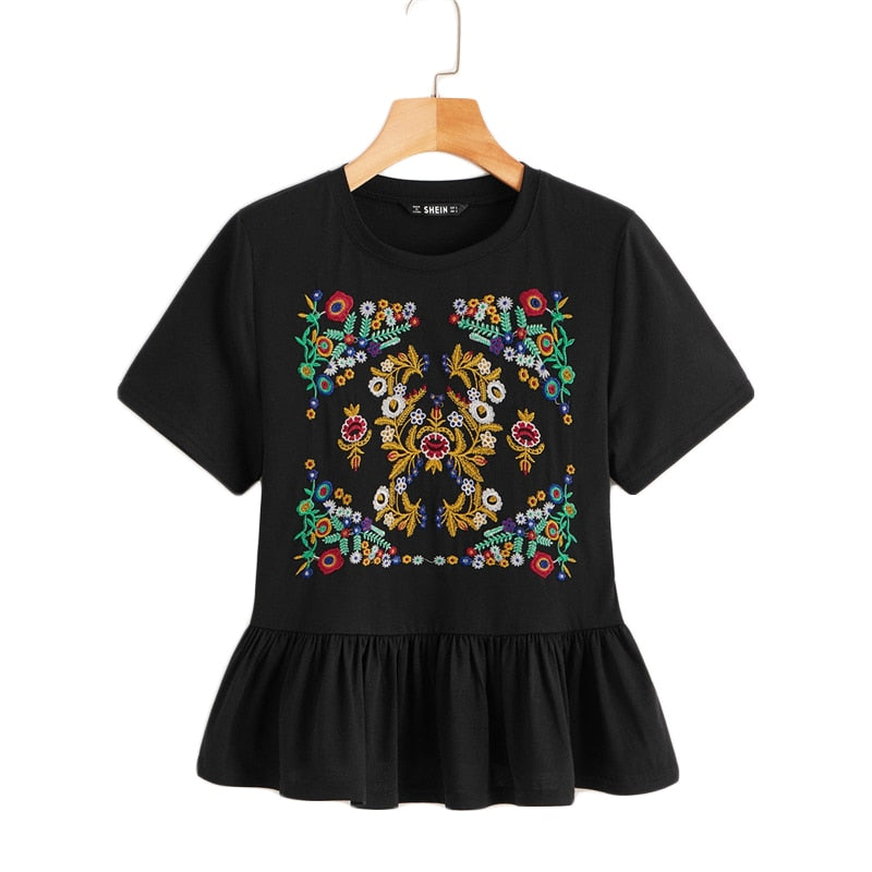 Botanical Embroidered Flounce Hem Top - Trendy Bee Boutique